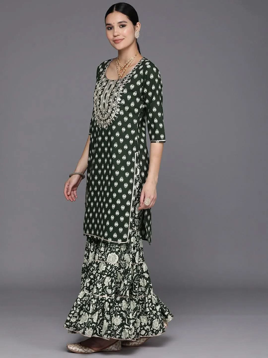 Libas Green Yoke Design Cotton Straight Sharara Suit Set With Dupatta