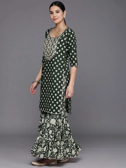 Libas Green Yoke Design Cotton Straight Sharara Suit Set With Dupatta