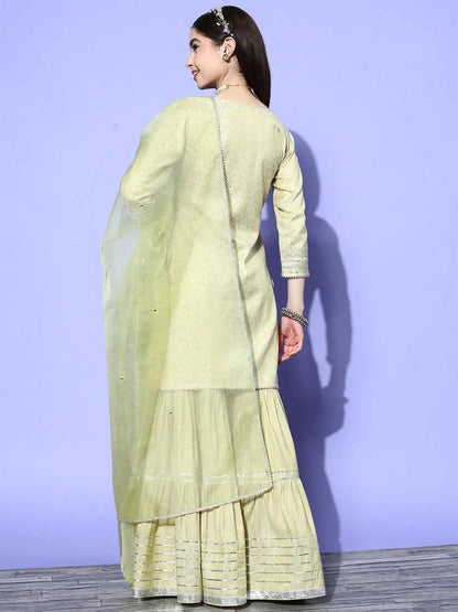 Libas Green Yoke Design Cotton Straight Kurta With Sharara & Dupatta