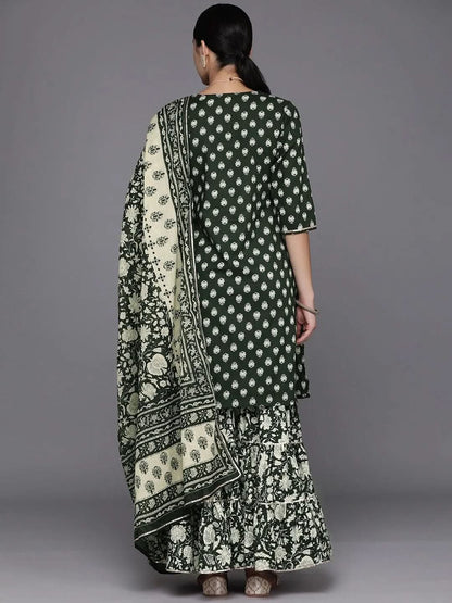 Libas Green Yoke Design Cotton Straight Sharara Suit Set With Dupatta