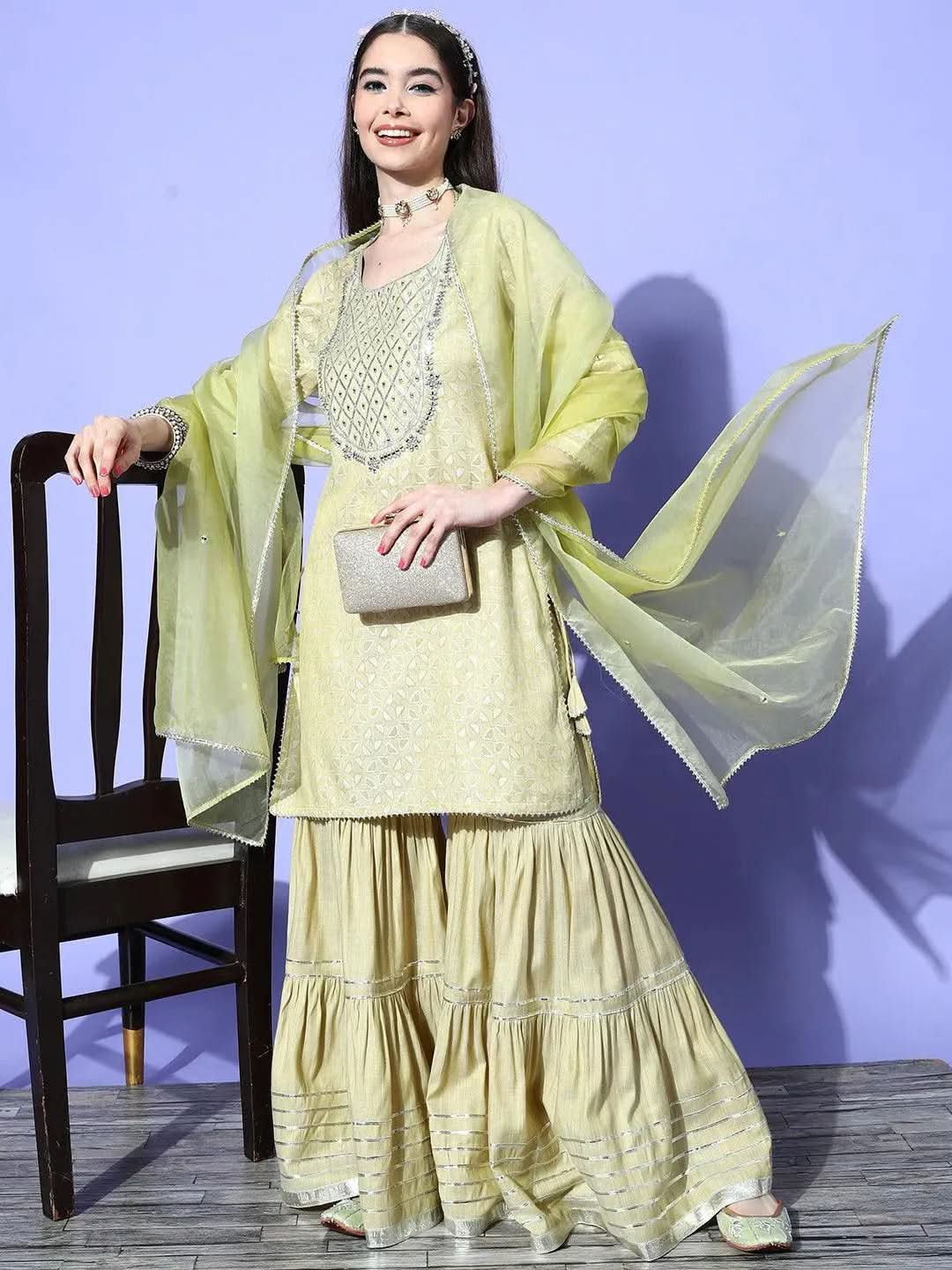 Libas Green Yoke Design Cotton Straight Kurta With Sharara & Dupatta