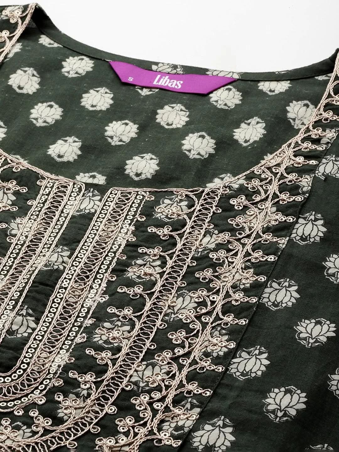 Libas Green Yoke Design Cotton Straight Sharara Suit Set With Dupatta