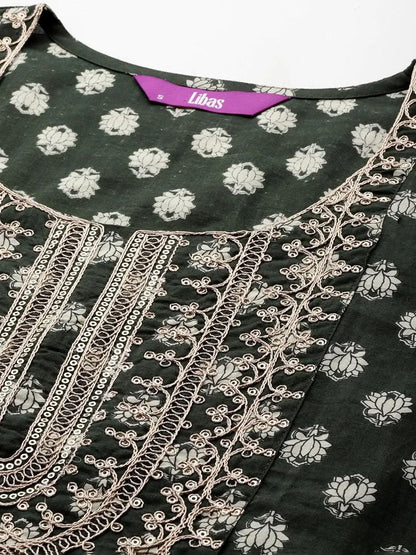 Libas Green Yoke Design Cotton Straight Sharara Suit Set With Dupatta