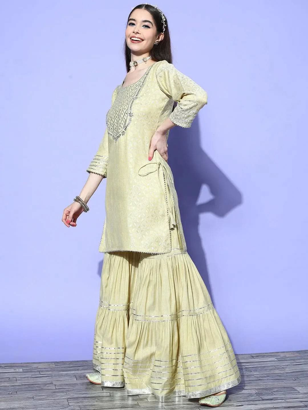 Libas Green Yoke Design Cotton Straight Kurta With Sharara & Dupatta