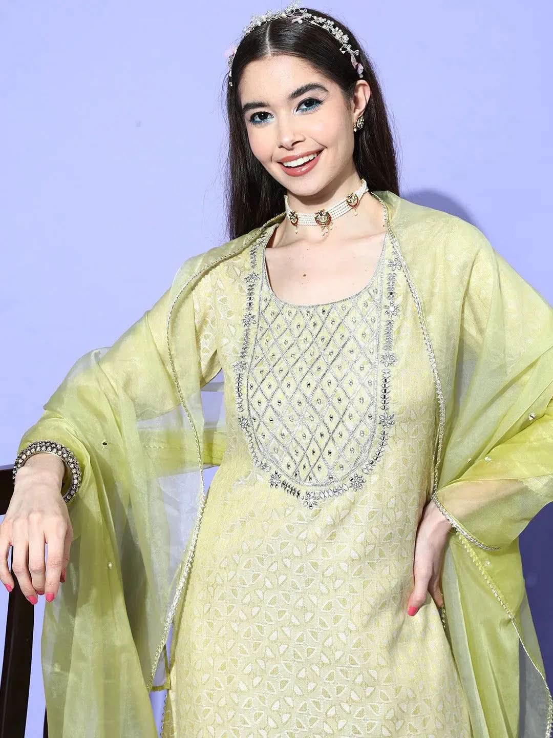 Libas Green Yoke Design Cotton Straight Kurta With Sharara & Dupatta