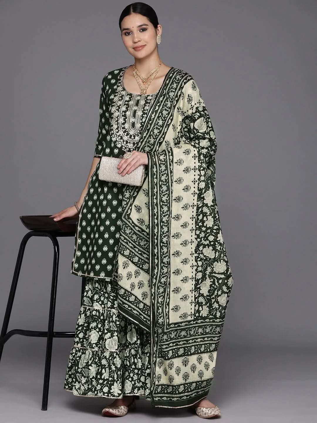 Libas Green Yoke Design Cotton Straight Sharara Suit Set With Dupatta