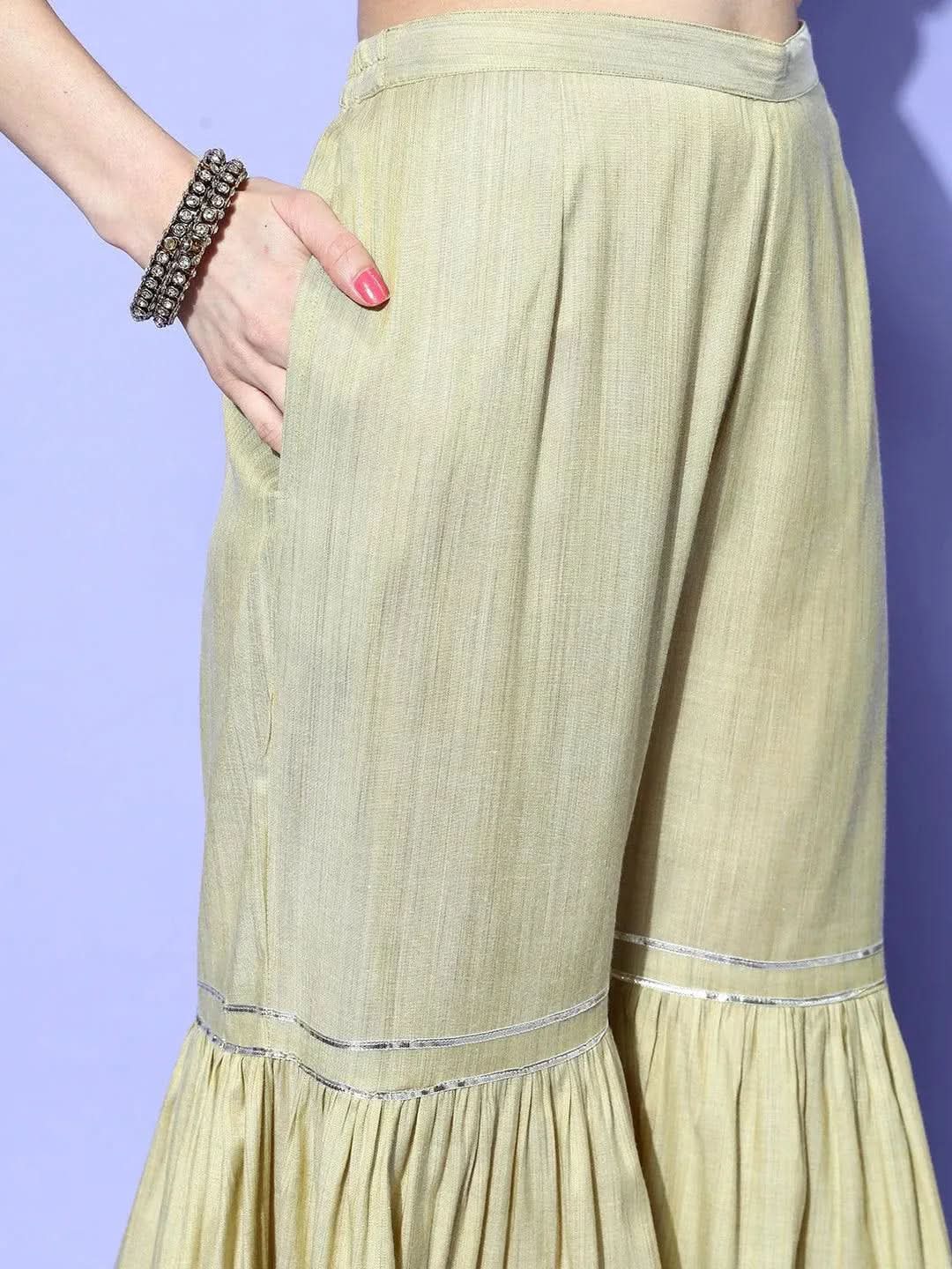 Libas Green Yoke Design Cotton Straight Kurta With Sharara & Dupatta
