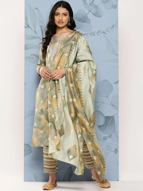 Libas Green Yoke Design Silk Blend Straight Kurta With Trousers & Dupatta