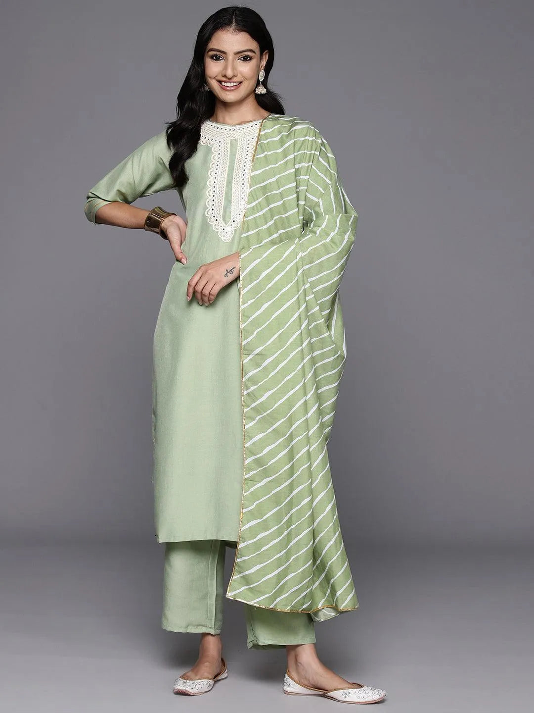 LIBAS Green Yoke Design Silk Blend Straight Suit With Dupatta