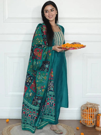 Libas Green Yoke Design Silk Blend Straight Suit With Dupatta
