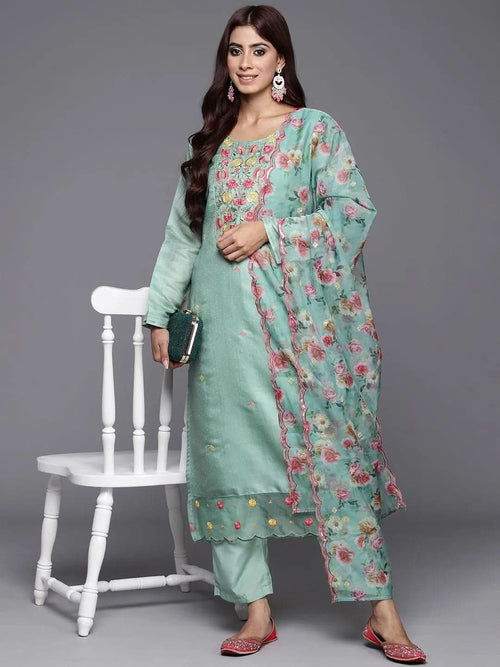 Libas Green Yoke Design Silk Blend Straight Kurta With Trousers & Dupatta