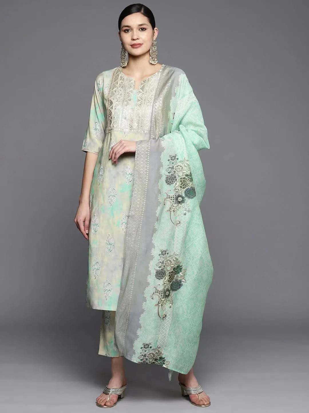 Libas Green Yoke Design Silk Blend Straight Kurta With Trousers & Dupatta