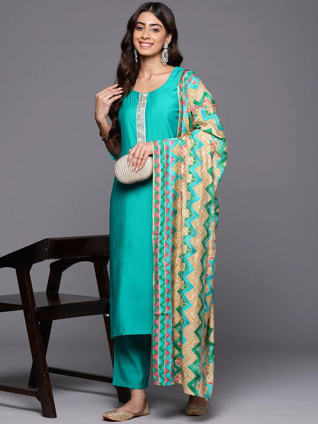 Libas Green Yoke Design Silk Blend Straight Suit With Dupatta