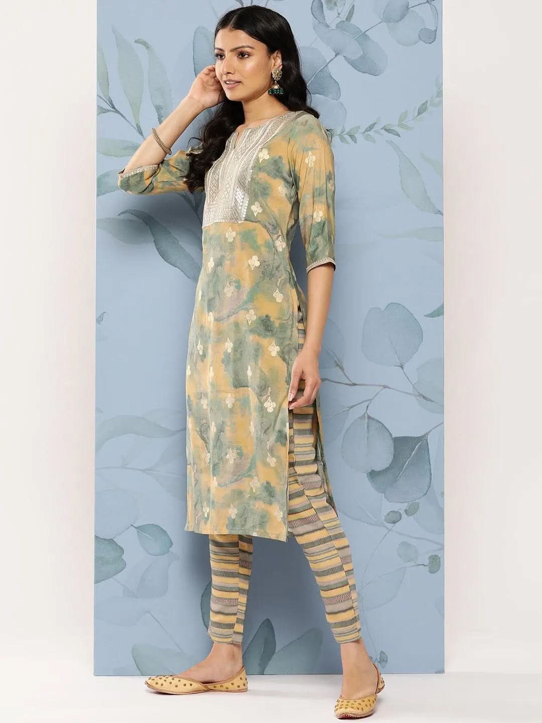 Libas Green Yoke Design Silk Blend Straight Kurta With Trousers & Dupatta