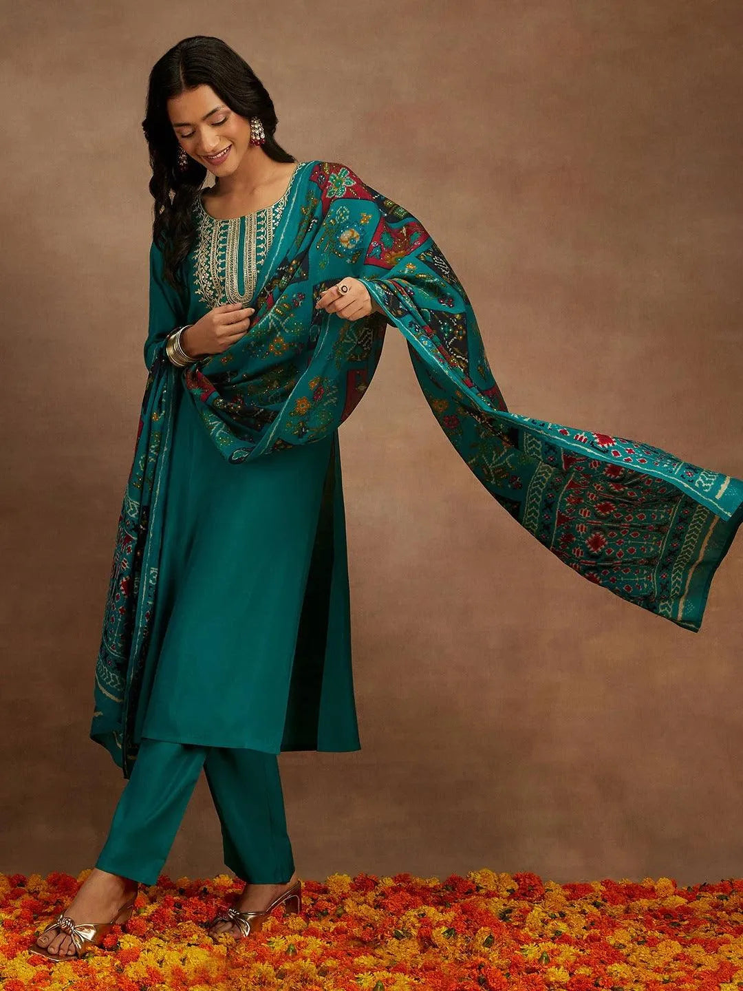Libas Green Yoke Design Silk Blend Straight Suit With Dupatta