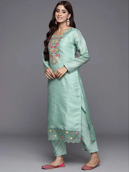 Libas Green Yoke Design Silk Blend Straight Kurta With Trousers & Dupatta