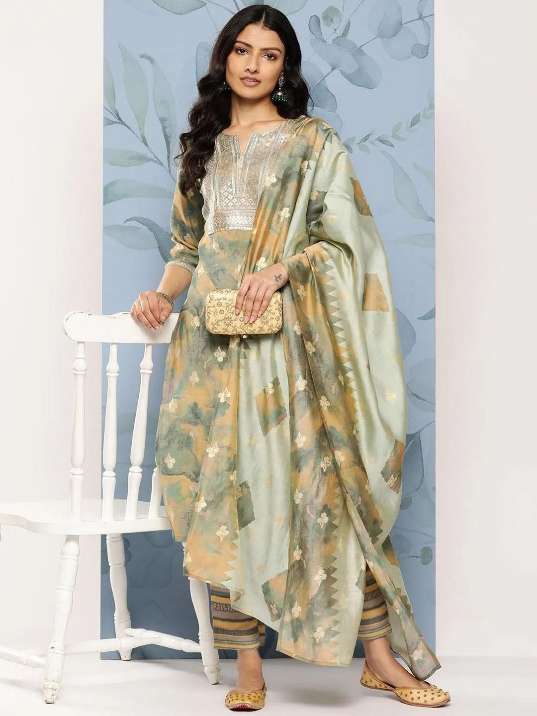 Libas Green Yoke Design Silk Blend Straight Kurta With Trousers & Dupatta