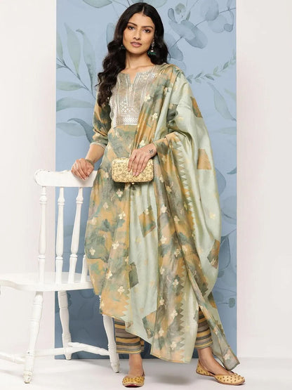 Libas Green Yoke Design Silk Blend Straight Kurta With Trousers & Dupatta