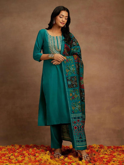 Libas Green Yoke Design Silk Blend Straight Suit With Dupatta