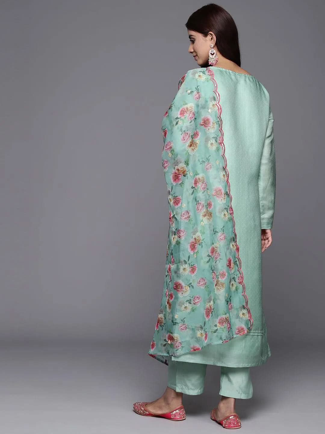 Libas Green Yoke Design Silk Blend Straight Kurta With Trousers & Dupatta