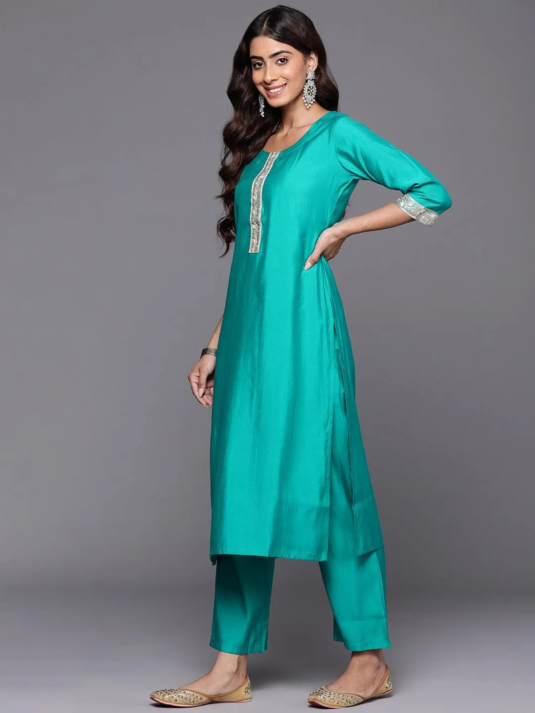 Libas Green Yoke Design Silk Blend Straight Suit With Dupatta