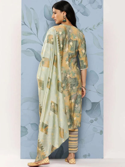 Libas Green Yoke Design Silk Blend Straight Kurta With Trousers & Dupatta