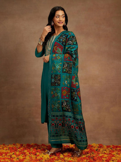 Libas Green Yoke Design Silk Blend Straight Suit With Dupatta