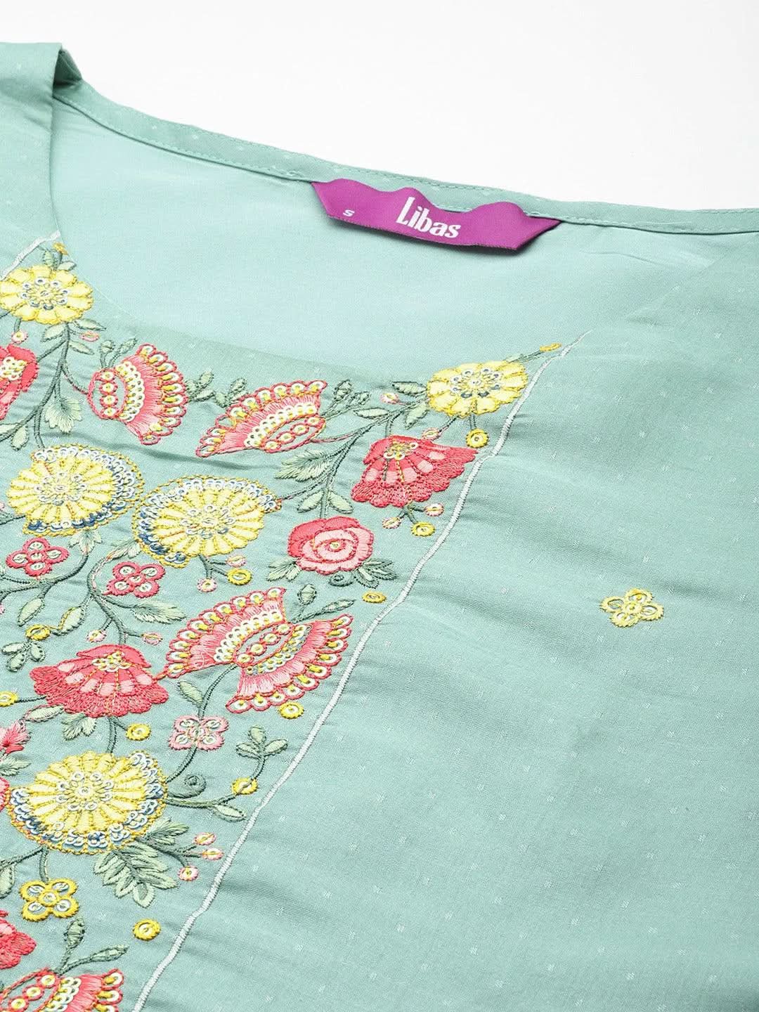 Libas Green Yoke Design Silk Blend Straight Kurta With Trousers & Dupatta