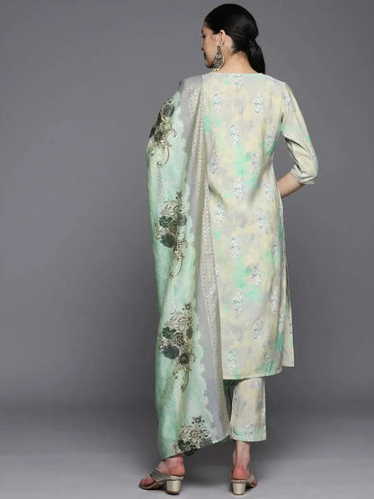 Libas Green Yoke Design Silk Blend Straight Kurta With Trousers & Dupatta
