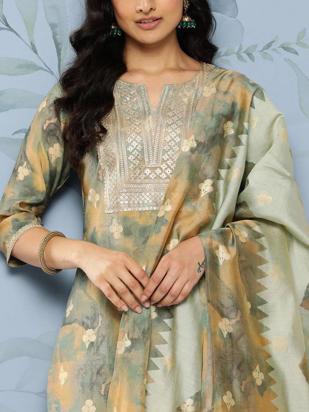 Libas Green Yoke Design Silk Blend Straight Kurta With Trousers & Dupatta