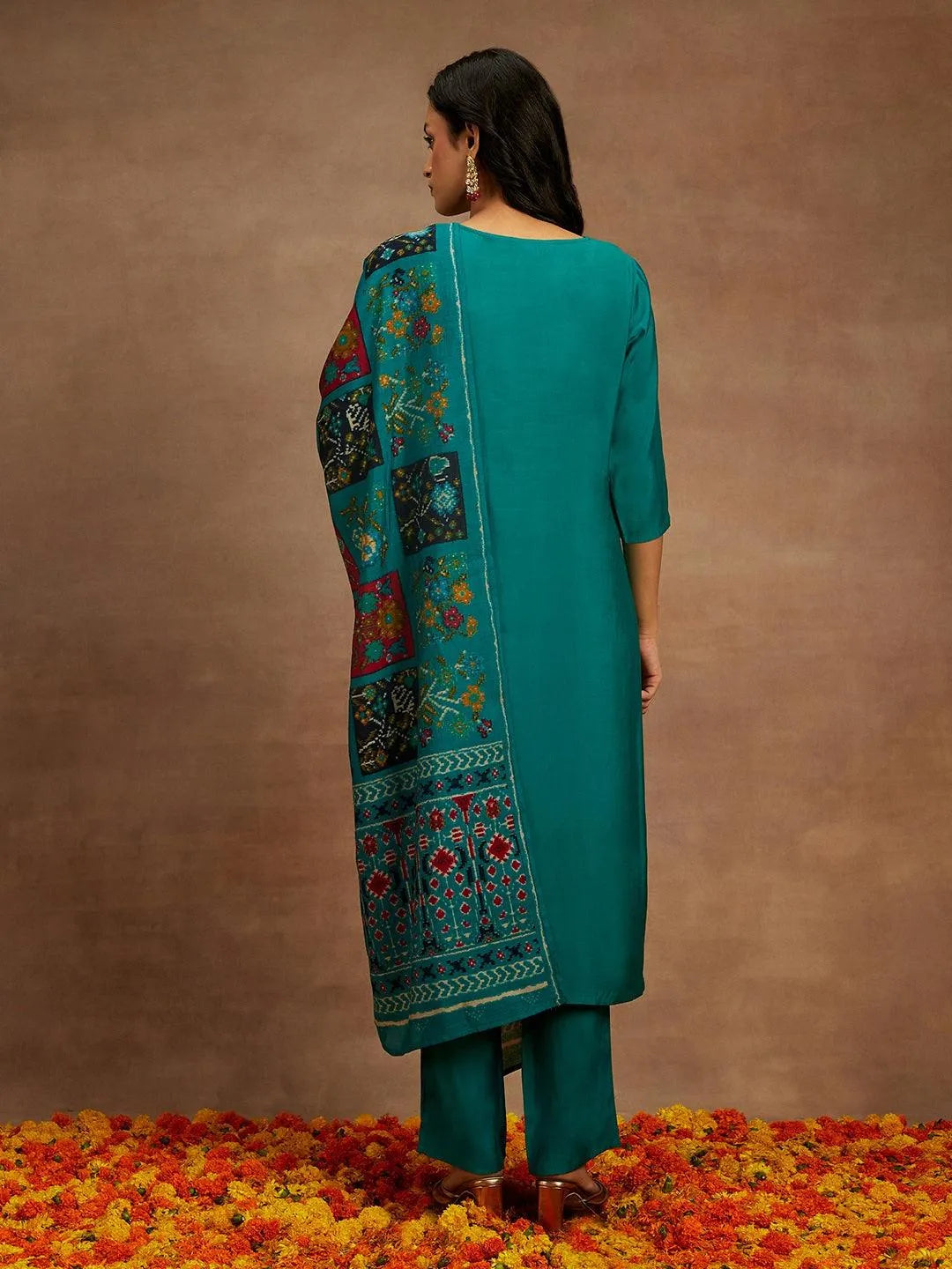 Libas Green Yoke Design Silk Blend Straight Suit With Dupatta