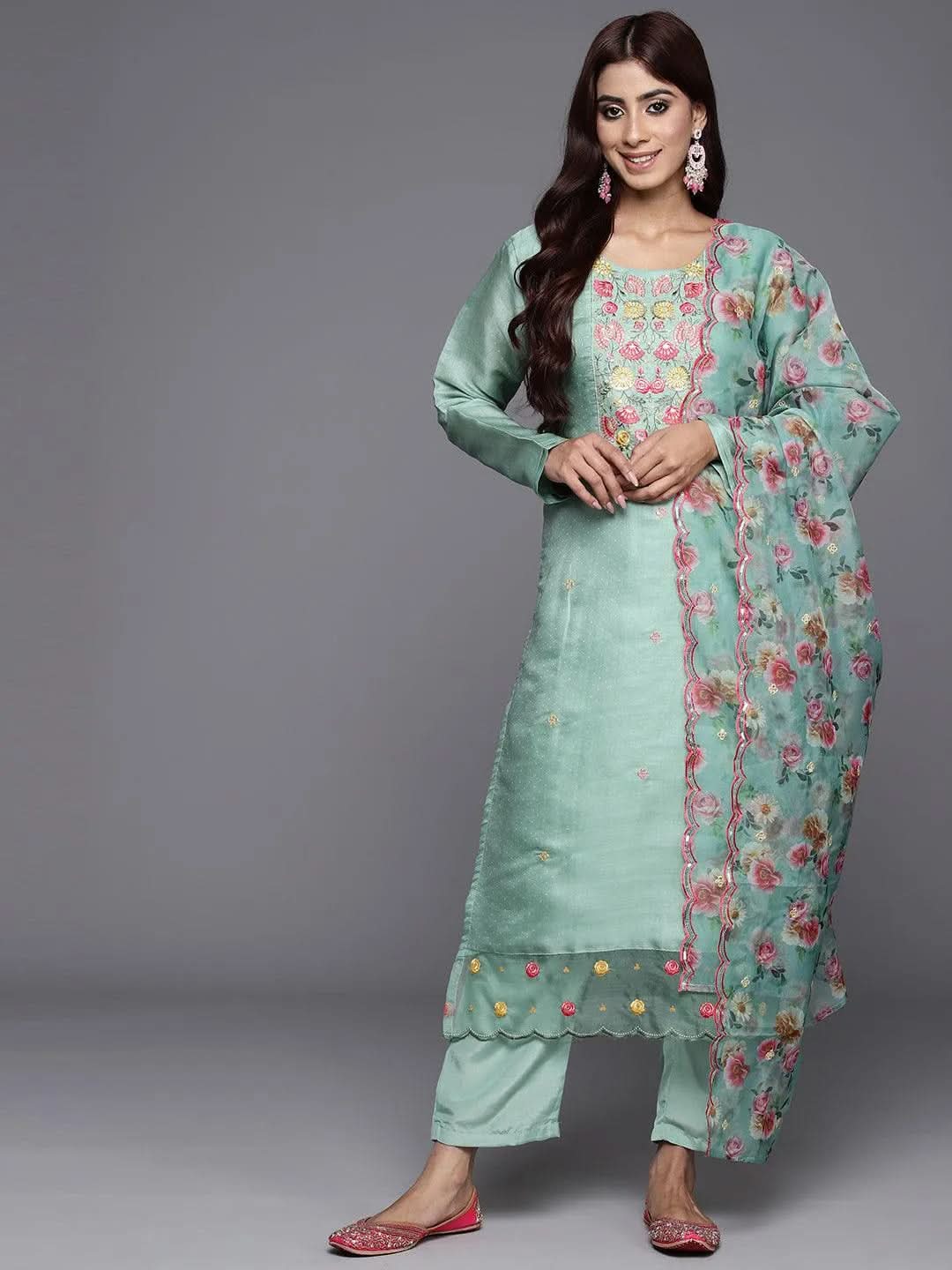 Libas Green Yoke Design Silk Blend Straight Kurta With Trousers & Dupatta