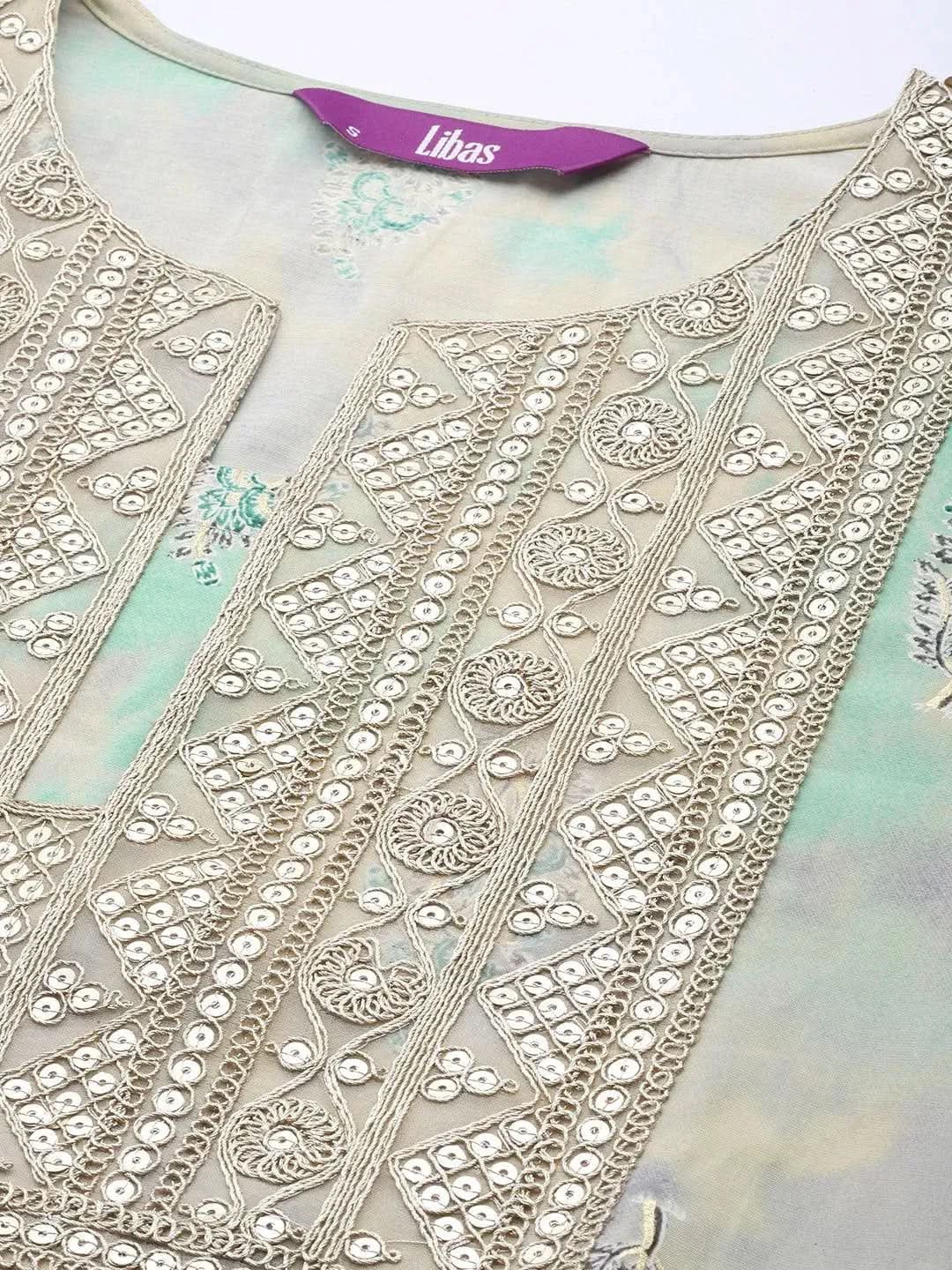 Libas Green Yoke Design Silk Blend Straight Kurta With Trousers & Dupatta