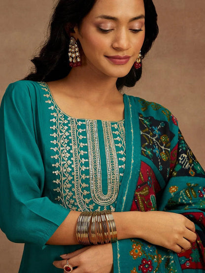 Libas Green Yoke Design Silk Blend Straight Suit With Dupatta