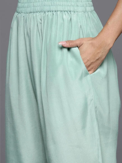 Libas Green Yoke Design Silk Blend Straight Kurta With Trousers & Dupatta