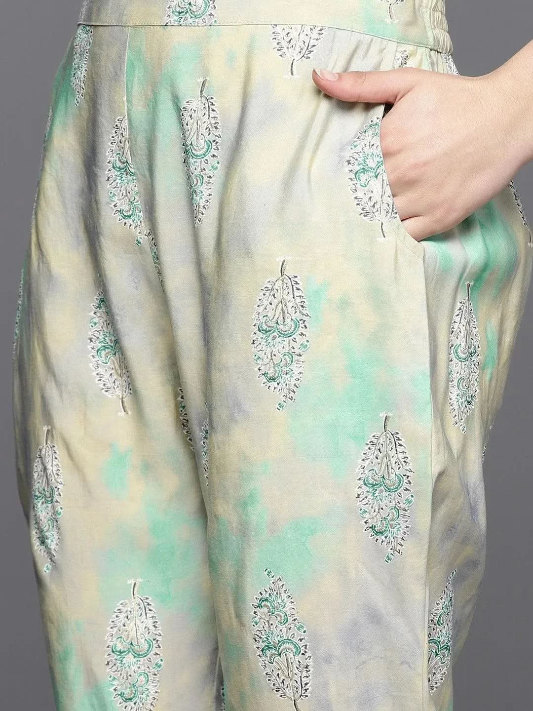 Libas Green Yoke Design Silk Blend Straight Kurta With Trousers & Dupatta