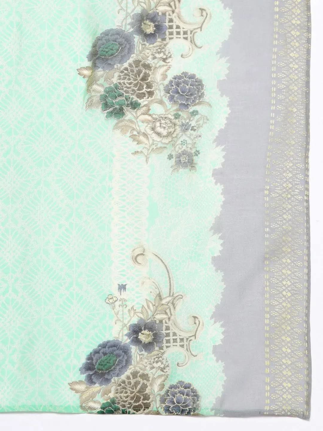 Libas Green Yoke Design Silk Blend Straight Kurta With Trousers & Dupatta