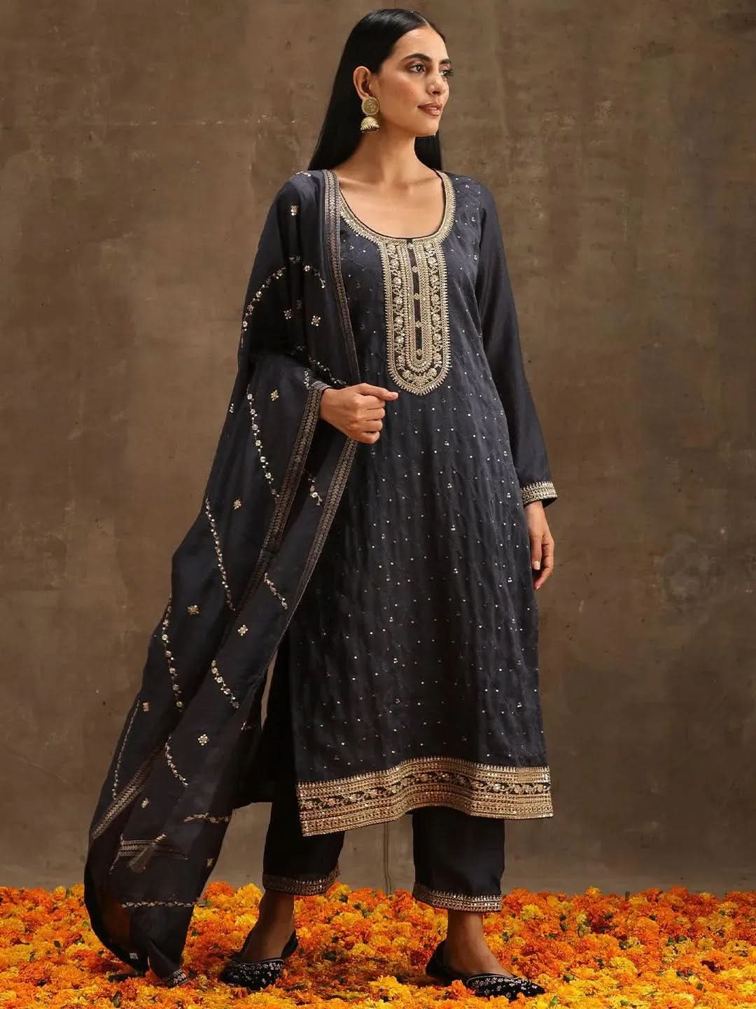 Libas Grey Embroidered Silk Blend Straight Kurta With Trousers & Dupatta
