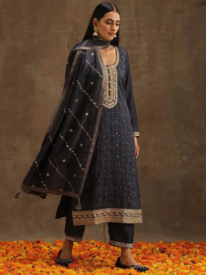 Libas Grey Embroidered Silk Blend Straight Kurta With Trousers & Dupatta