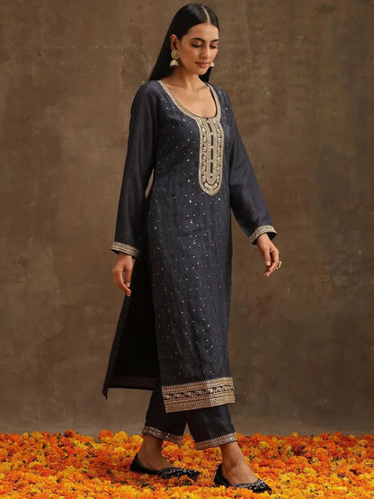 Libas Grey Embroidered Silk Blend Straight Kurta With Trousers & Dupatta