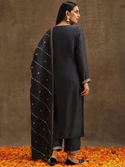 Libas Grey Embroidered Silk Blend Straight Kurta With Trousers & Dupatta