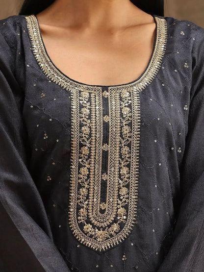 Libas Grey Embroidered Silk Blend Straight Kurta With Trousers & Dupatta