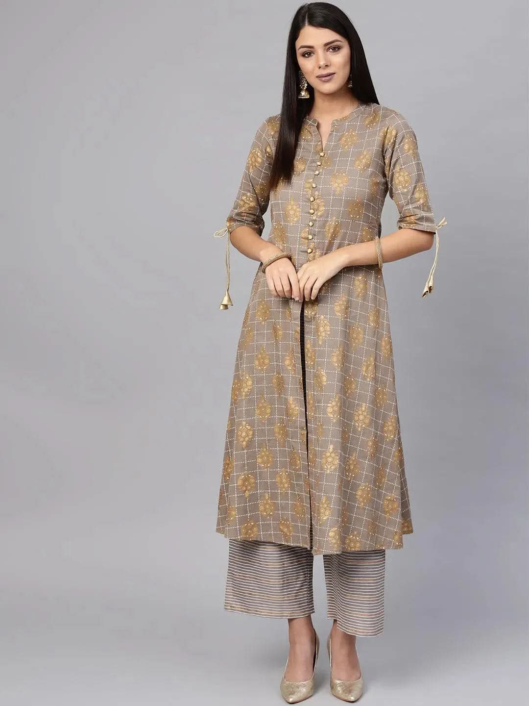 Libas Grey Printed Cotton A-Line Kurta With Palazzos