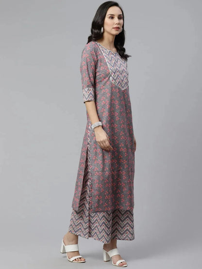 Libas Grey Printed Cotton Straight Kurta With Palazzos & Stole