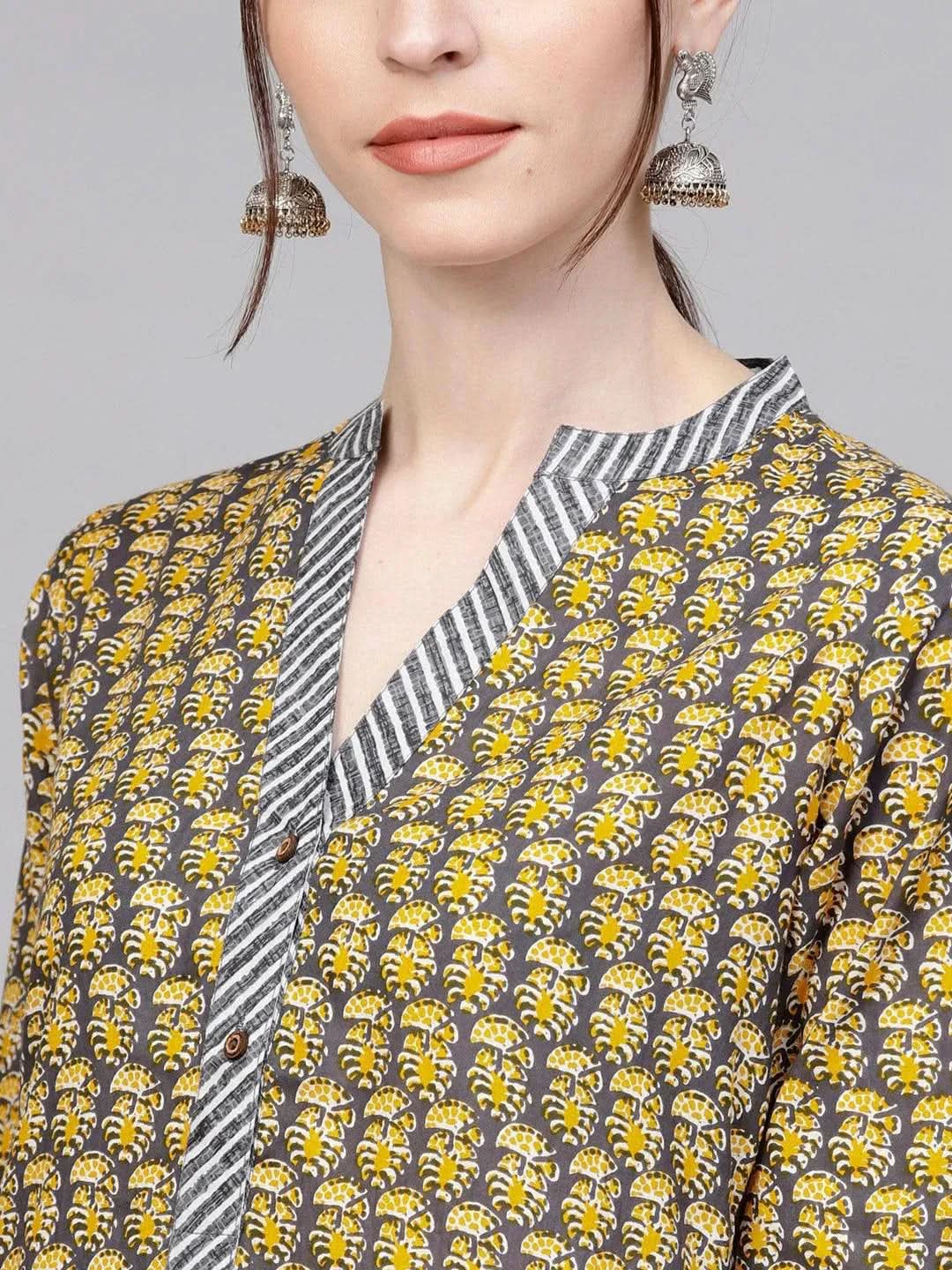 Libas Grey Printed Cotton Straight Kurta With Palazzos