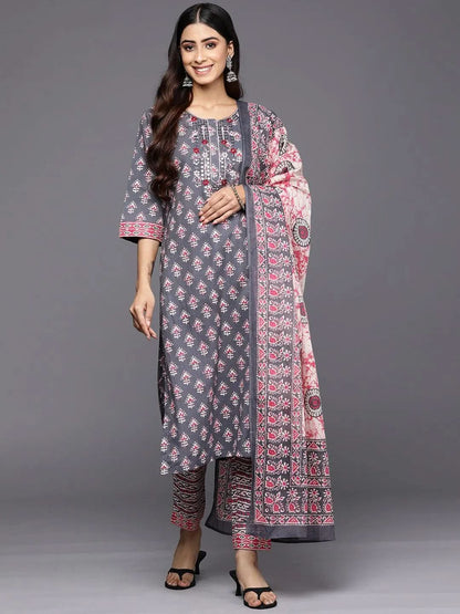 Libas Grey Printed Cotton Straight Kurta With Trousers & Dupatta