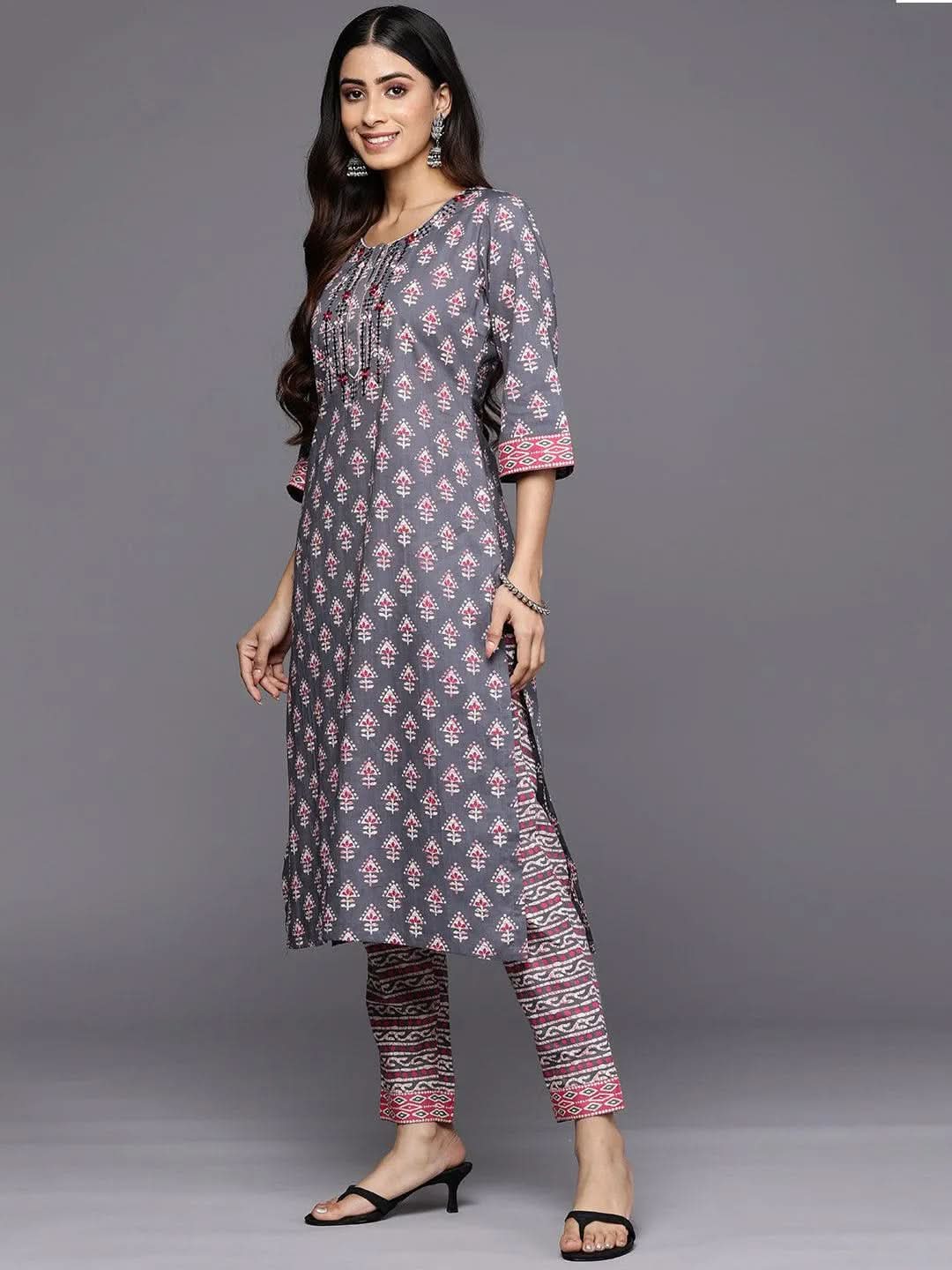 Libas Grey Printed Cotton Straight Kurta With Trousers & Dupatta