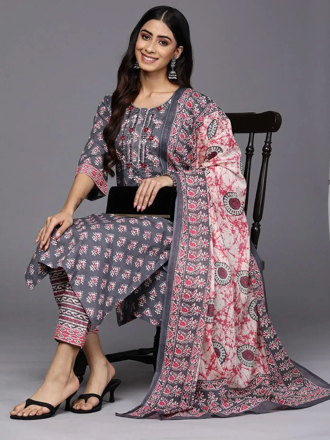 Libas Grey Printed Cotton Straight Kurta With Trousers & Dupatta