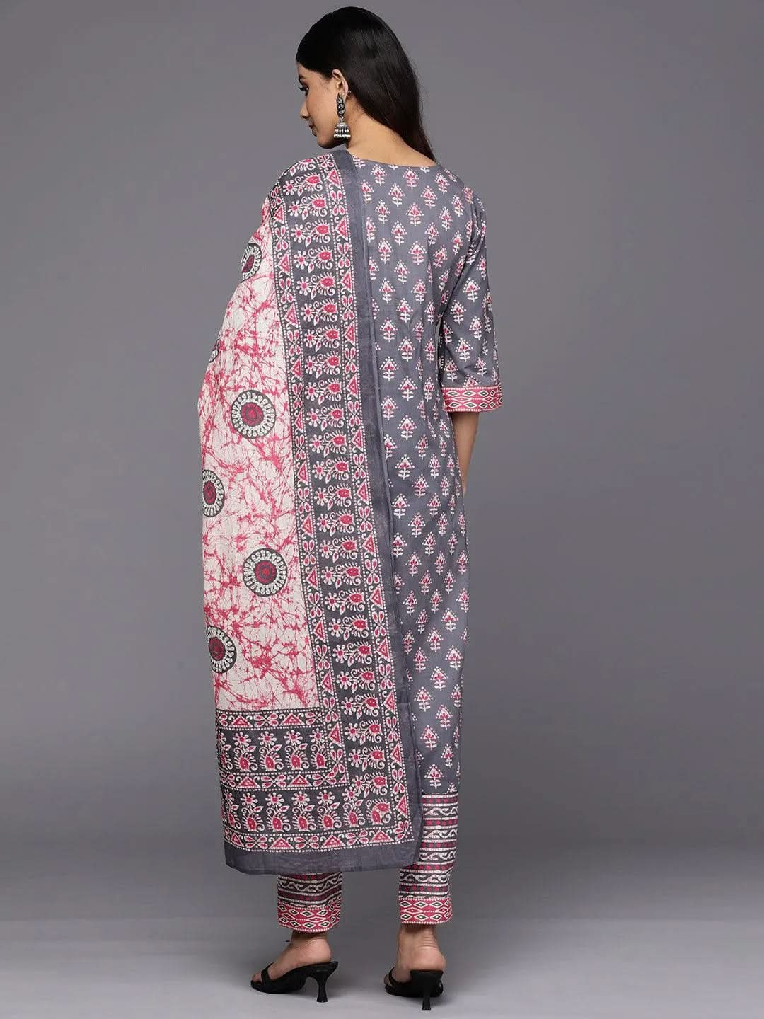 Libas Grey Printed Cotton Straight Kurta With Trousers & Dupatta