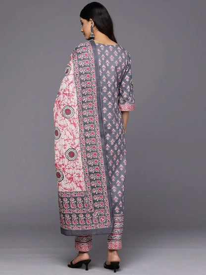 Libas Grey Printed Cotton Straight Kurta With Trousers & Dupatta